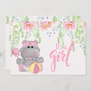 Invitation C'est une fille Hippo Baby shower Floral Invitatio