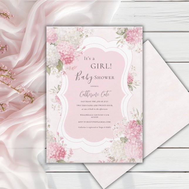 Invitation C'est une Fille Hydrangea Rose Floral Élégant Bébé (Créateur téléchargé)