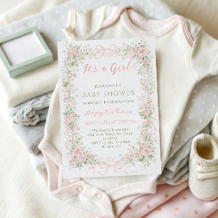 Invitation C'est une fille Jardin Nœud Floral Rose Baby Showe