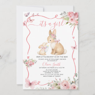 Invitation C'est une fille Lapin Baby Shower Rose Floral