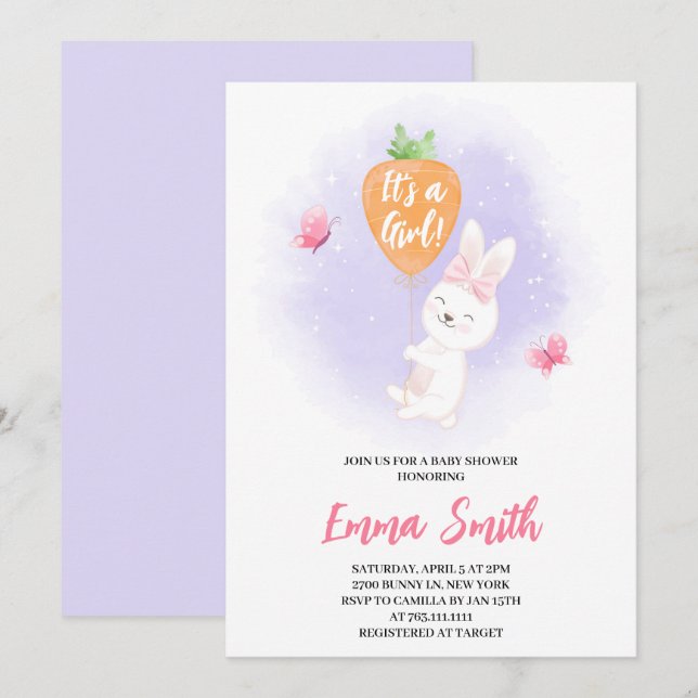 Invitation C'est une fille Lapin Mignon Baby Shower (Devant / Derrière)