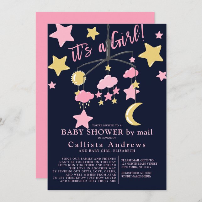 Invitation C'est une fille Lune Stars Baby shower mobile par  (Devant / Derrière)