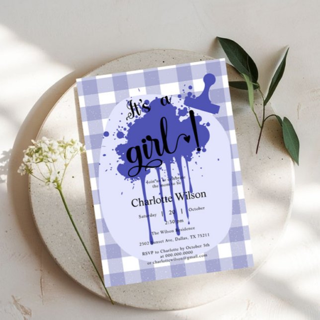 Invitation C'est une fille Mignon Gingham Pastel Bleu Marine  (Créateur téléchargé)