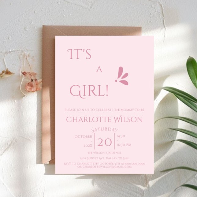 Invitation C'est une fille ! Minimalisme Baby Shower Rose Pas (Créateur téléchargé)