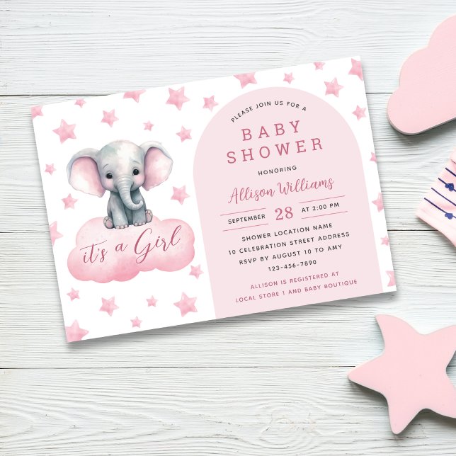 Invitation C'est une fille | Moderne Baby shower Eléphant Ros (Créateur téléchargé)