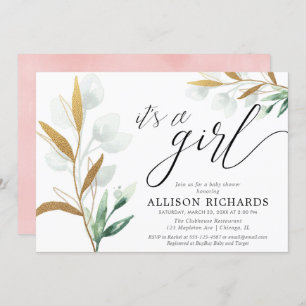 Invitation C'est une fille moderne baby shower vert rose or