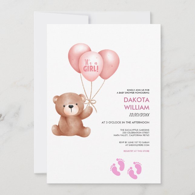 Invitation C'est une fille Ours en peluche Ballon Baby Shower (Devant)