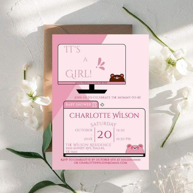 Invitation C'est une fille ! Ours mignon Écran d'ordinateur B (Créateur téléchargé)