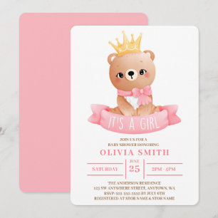 Invitation C'est une fille Ourson mignon aquarelle Baby Showe
