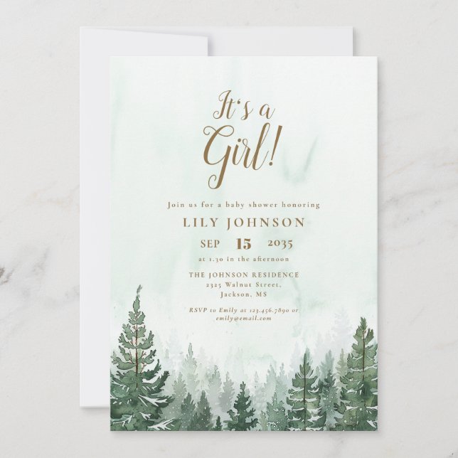 Invitation C'est une fille Pine Forest Photo Code QR Baby Sho (Devant)