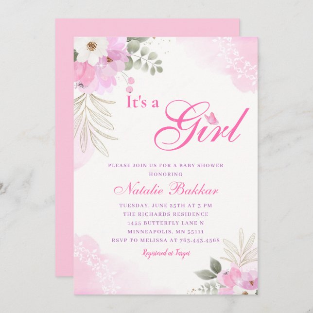 Invitation C'Est Une Fille Rose Aquarelle Floral Baby Girl Do (Devant / Derrière)