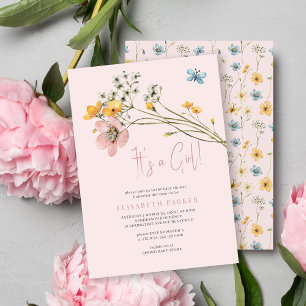 Invitation C'est une fille rose aquarelle florale baby shower