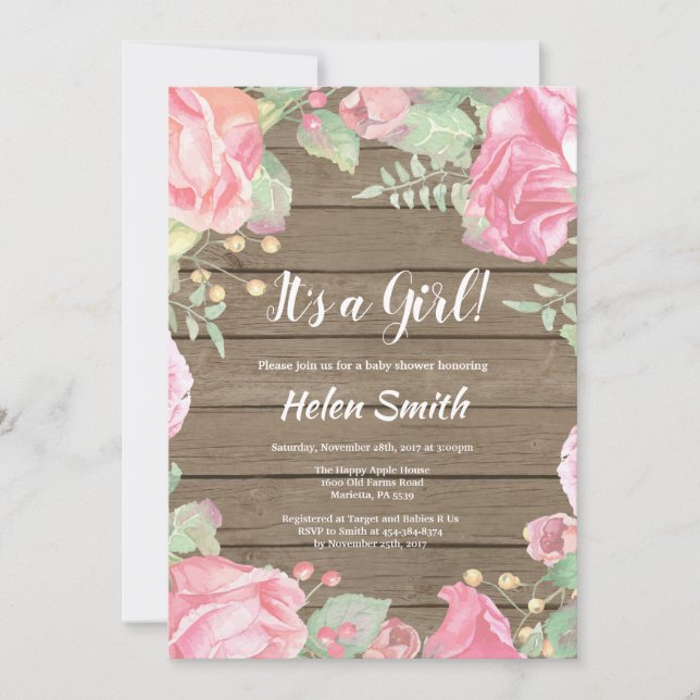 Invitation C'est une fille rose Baby shower Floral Bois rusti (Devant)