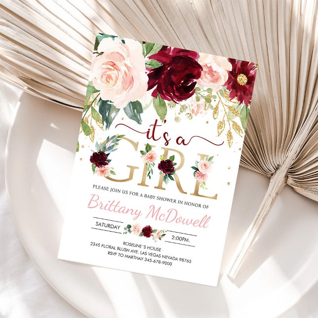 Invitation C'est une fille rose baby shower floral Bourgogne (Créateur téléchargé)