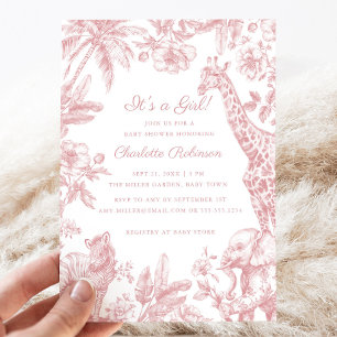 Invitation C'est une fille rose Baby shower Safari Toile