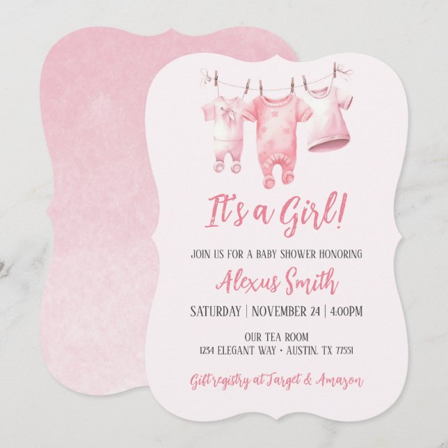 Invitation C'Est Une Fille Rose Clothesline Baby shower Fille (Devant / Derrière)