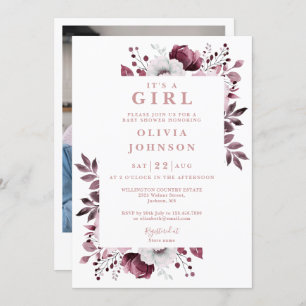 Invitation C'Est Une Fille Rose Élégant Baby shower Photo Flo