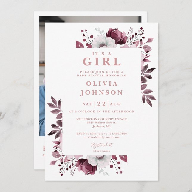 Invitation C'est une fille rose florale photo QR Code Baby sh (Devant / Derrière)