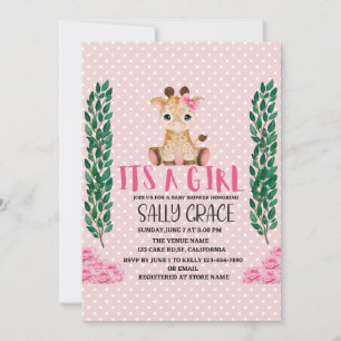 Invitation C'Est Une Fille, Rose, Girafe, Baby shower