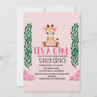 Invitation C'Est Une Fille, Rose, Girafe, Baby shower