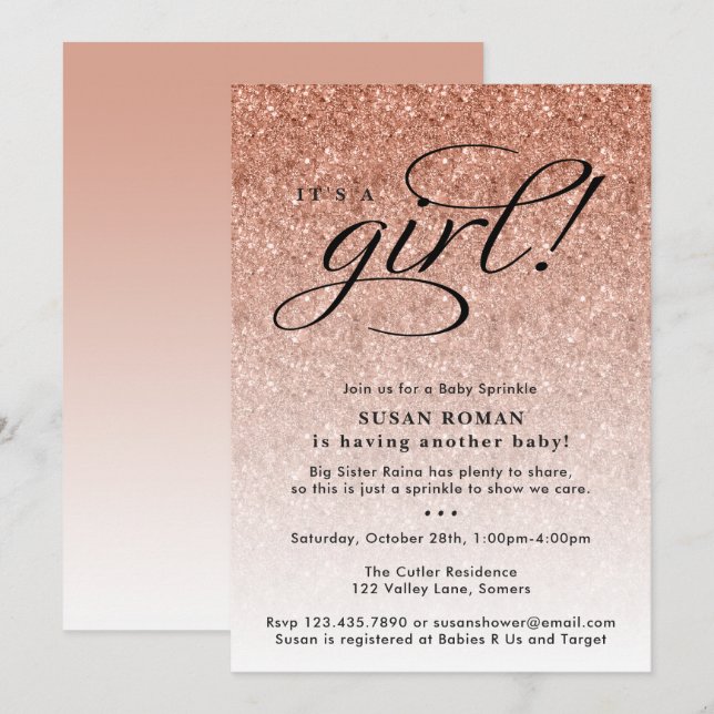 Invitation C'est une fille Rose Gold Ombre Parties scintillan (Devant / Derrière)