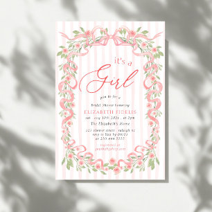 Invitation C'est une fille Ruban rose Roses florales Baby Sho