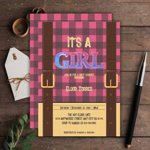 Invitation C'est une fille Rustic Lumberjack Flannel Baby sho