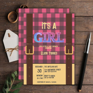 Invitation C'est une fille Rustic Lumberjack Flannel Baby sho