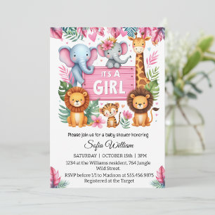 Invitation C'est une fille safari dans la jungle animaux bébé