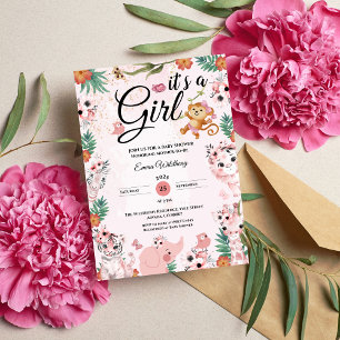 Invitation C'est une fille Safari fille Baby shower rose Jung