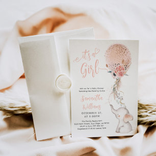 Invitation C'est une fille simple Eléphant & Baby shower de b