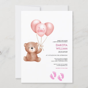 Invitation C'Est Une Fille Teddy Bear Balloon Baby shower