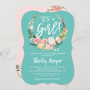 Invitation C'Est Une Fille Turquoise Rose Floral Baby shower 