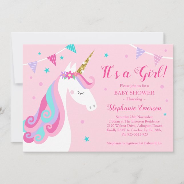 Invitation C'est une fille Unicorn Baby shower rose (Devant)
