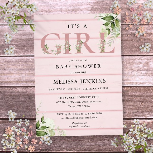Invitation C'est une fille verdure rose bois rustique Baby Sh (Its A Girl Greenery Pink Rustic Wood Baby Shower Invitation)