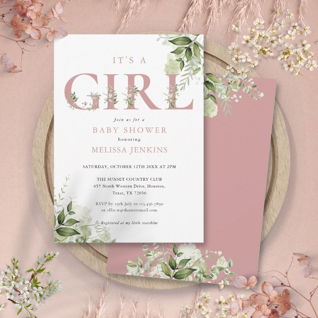 Invitation C'est une fille verdure rose poussiéreuse lettre B (Its A Girl Greenery Dusty Rose Letter Baby Shower Invitation)