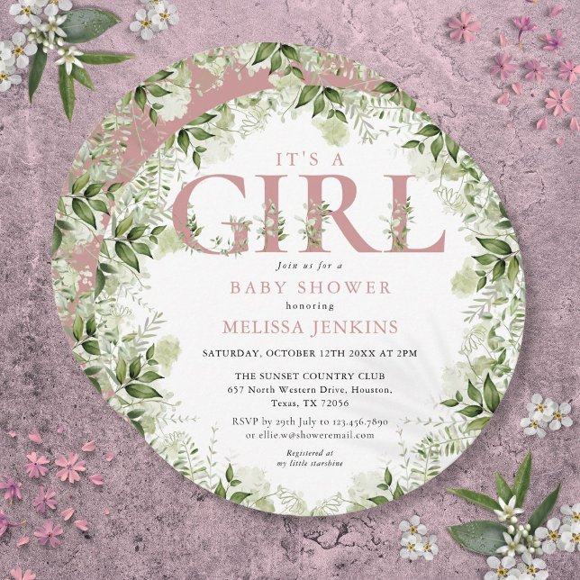 Invitation C'est une fille verdure rose poussiéreuse lettre B (Its A Girl Greenery Dusty Rose Letter Baby Shower Invitation)