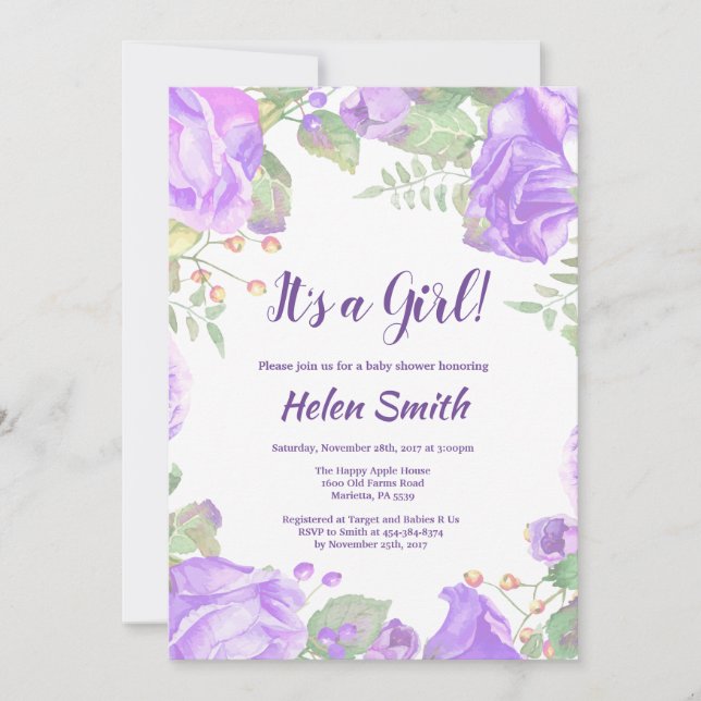 Invitation C'est une fille violet Baby shower floral Invitati (Devant)