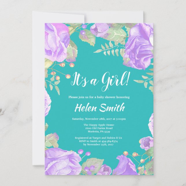 Invitation C'est une fille violet Baby shower Floral Turquois (Devant)