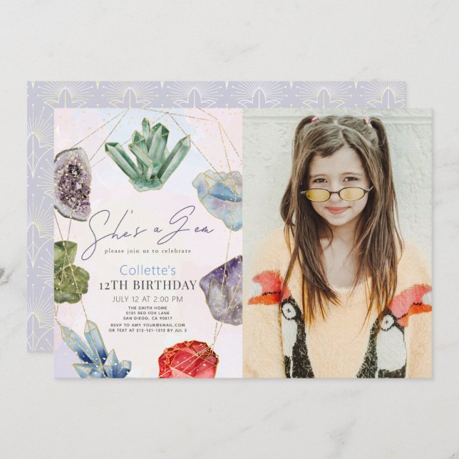 Invitation C'est une Gem Crystals Gemstone Girl Birthday Phot (Devant / Derrière)
