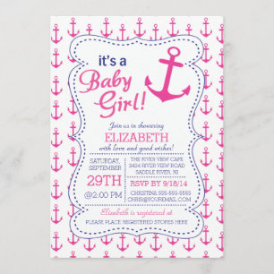 Invitation C'est une petite fille Ancre Baby shower nautique