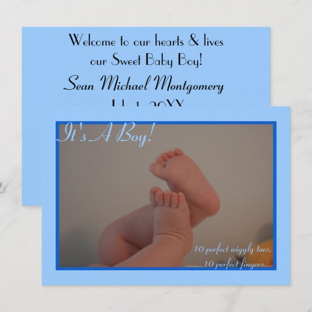 Invitation C'est une photo de pieds de bébé garçon Annonce de (Devant / Derrière)