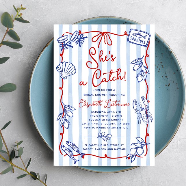 Invitation C'est une prise de choix : une fête de douche de m (Hook your guests’ attention with this charming She’s a Catch Whimsical Bridal Shower Invitation.)