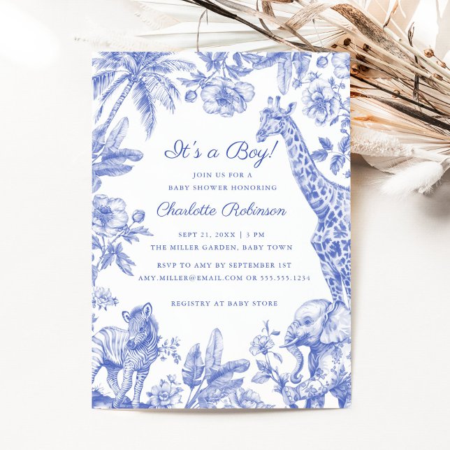 Invitation C'est'a Boy Blue Boy Baby shower Safari Toile (Its'a Boy Blue Boy Baby Shower Safari Toile Invitation)