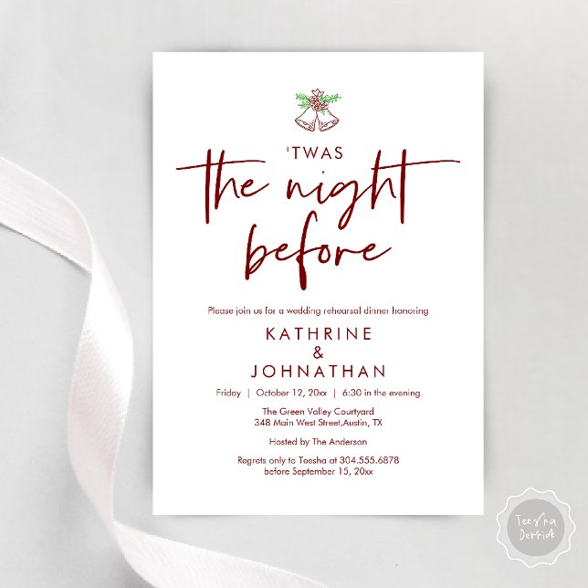 Invitation C'Était La Nuit Avant Le Dîner De La Répétition Ma (Twas The Night Before Wedding Rehearsal Dinner Party Invites Card mistletoe wedding bell burgundy)
