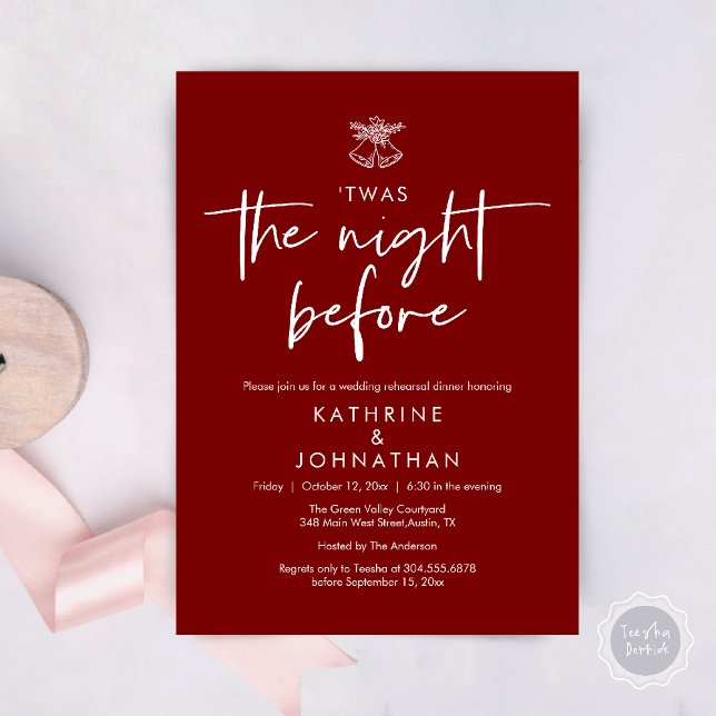 Invitation C'Était La Nuit Avant Le Dîner De La Répétition Ma (Twas The Night Before Wedding Rehearsal Dinner Party Invites Card mistletoe wedding bell burgundy)