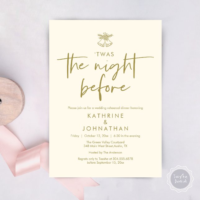 Invitation C'Était La Nuit Avant Le Dîner De La Répétition Ma (Twas The Night Before Wedding Rehearsal Dinner Party Invites Card mistletoe wedding bell Yellow Gold)