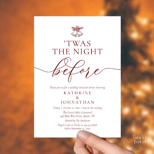 Invitation C'Était La Nuit Avant Le Dîner De Répétition Class ('Twas The Night Before Modern Romantic Wedding Rehearsal Dinner Invites Card PDF Burgundy Wine Red)