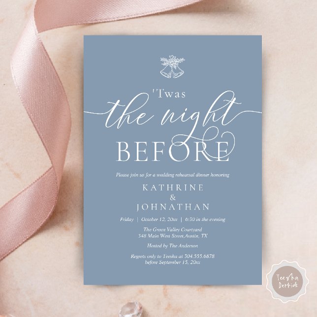 Invitation C'Était La Nuit Avant Le Dîner De Répétition Moder (Twas The Night Before Wedding Rehearsal Dinner Party Invites Card mistletoe wedding bell dusty blue)