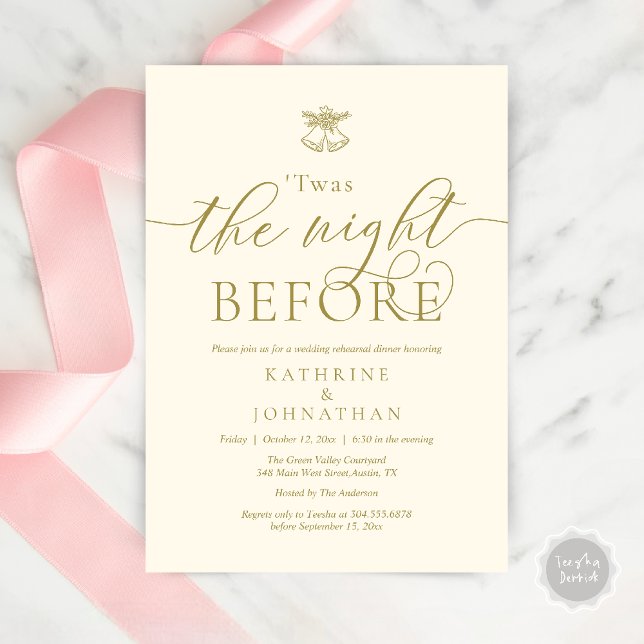 Invitation C'Était La Nuit Avant Le Dîner De Répétition Moder (Twas The Night Before Wedding Rehearsal Dinner Party Invites Card mistletoe wedding bell Yellow Gold)
